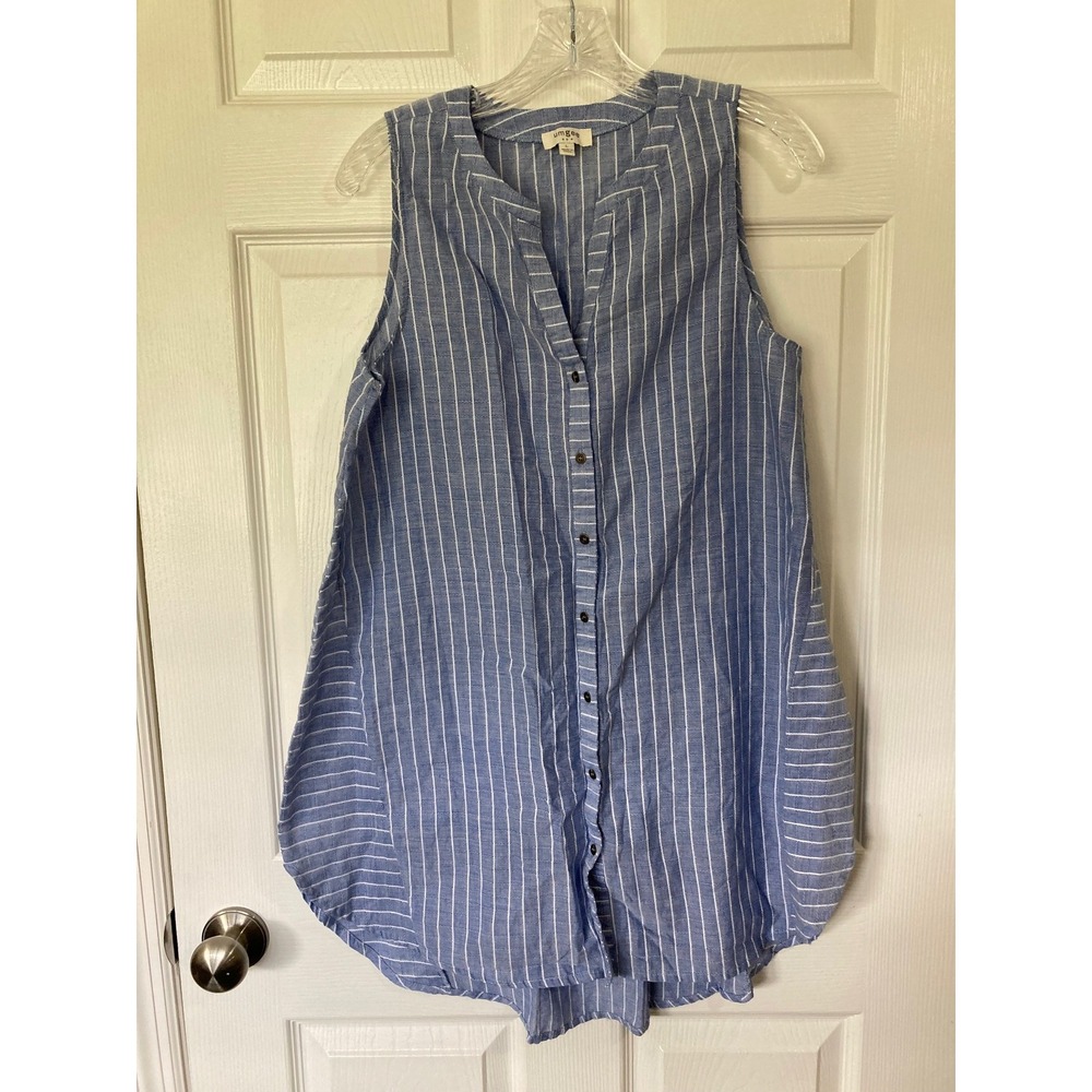 Umgee USA Womens Blue White Striped Sleeveless Shirt Large Relaxed Resortwear